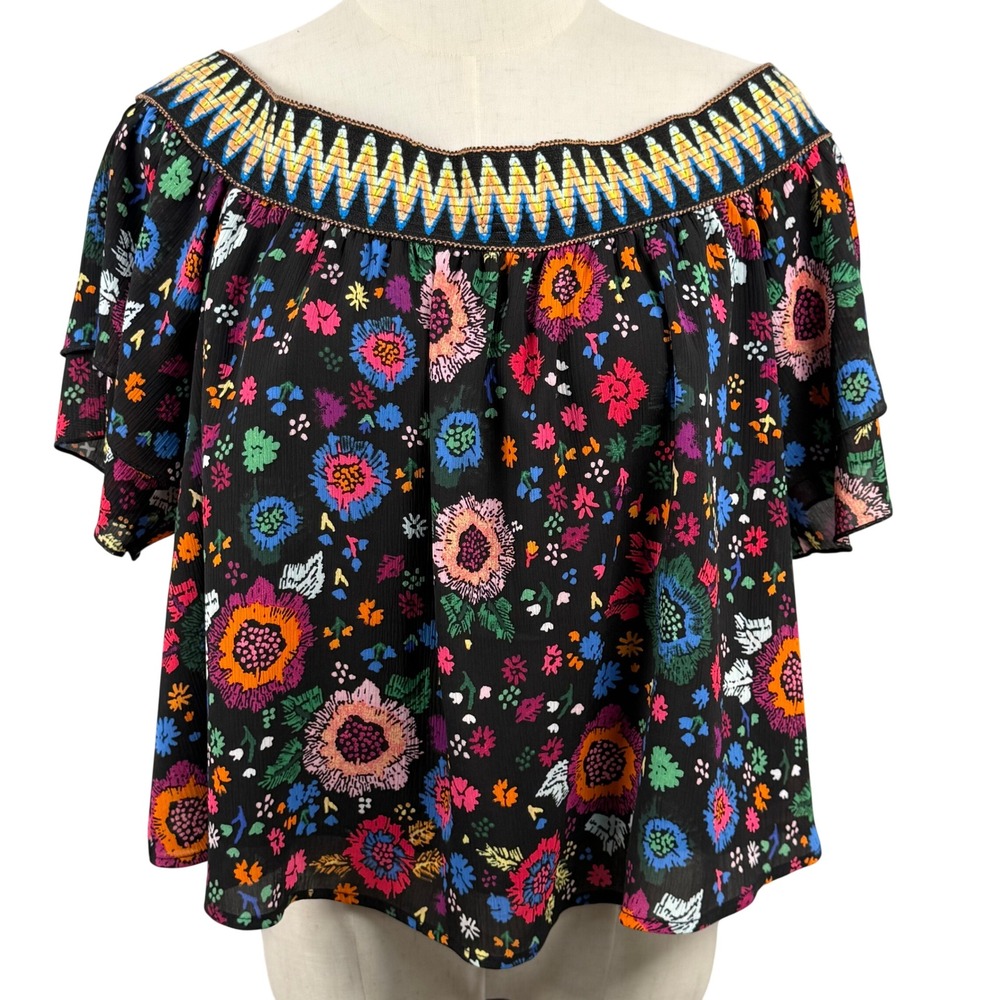 Guess Rhett Floral Off Shoulder Blouse M Embroidered Ruffle Boho Coachella Gypsy